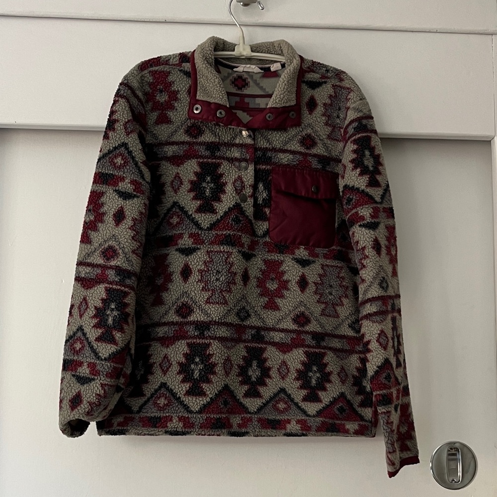 Aztec Print Sherpa Pullover in Gray and Burgundy southwest vintage